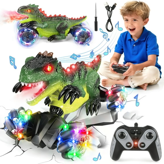 UUSUOO Dinosaur Remote Control Car,4WD Rotation Rechargeable RC Stunt Car with Spray Lights & Music,Dinosaur Toys for Boys 3-6 Years,Christmas Birthday Gifts for Boys Girls 3+