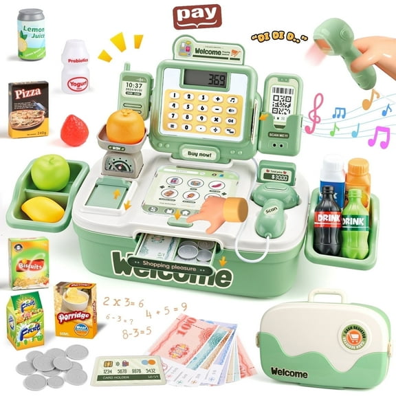 UUSUOO Cash Register for Kids Ages 4-8, 42PCS Cashier Register Toy, Kids Pretend Play Cash Register Toys with Sound Scanner,Credit Cards,Play Food & Money,Christmas Toys for Kids 3-6,Green