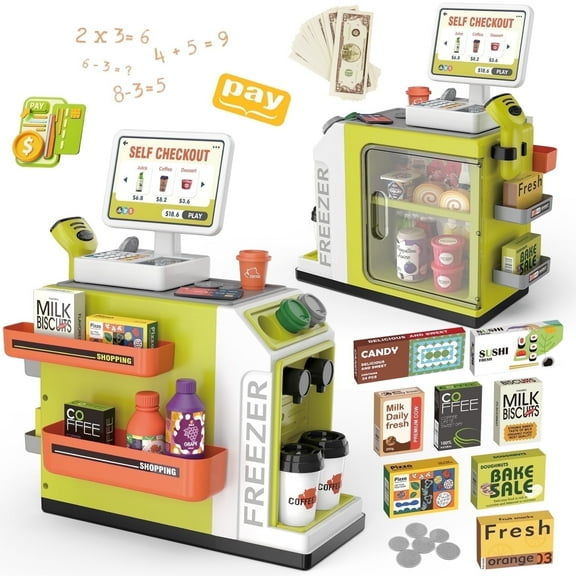 UUSUOO Cash Register Playset for Kids,46PCS Pretend Play Cash Register Toy with Calculator,Scanner,Coffee Machine,Credit Cards,Play Food & Money,Kids Cash Register Toy Gifts for Kids 3-6, Green