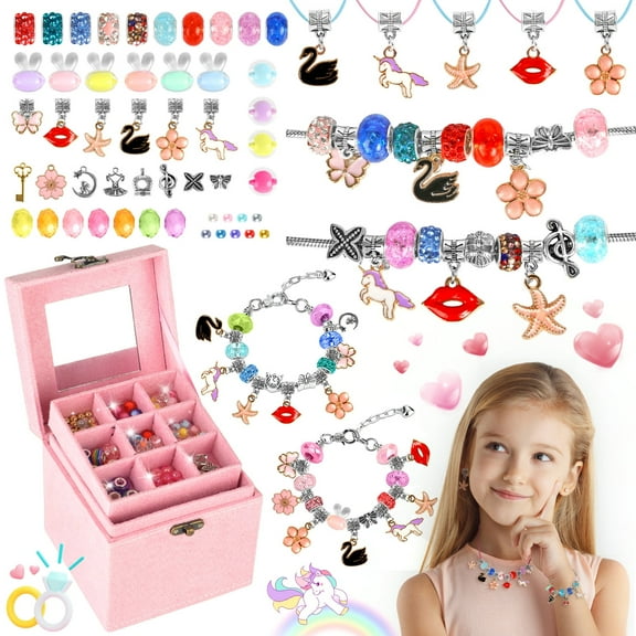 UUSUOO 123PCS Charm Bracelet Making Kit for Girls,Kids Jewelry Making Kits Age 4-8,Art Beads Craft Set with Jewelry Box,Girl Toys Christmas Birthday Gifts for for 6 7 8 9 Year Old Girls,Pink
