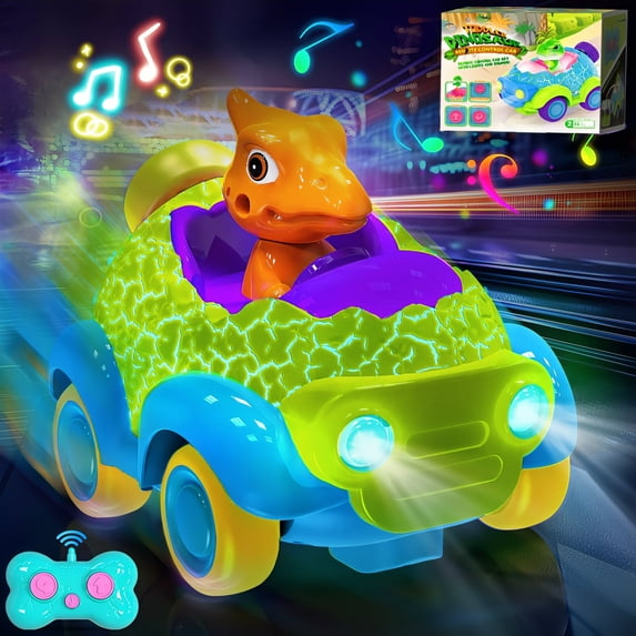 UUSUOO Dinosaur RC Cars for Toddlers Aged 2 3 4 5 6, Remote Control Cars Toys with Lights & Music, Rechargeable Race Toys for Kids, Christmas Birthday Gift for Boys & Girls, Green