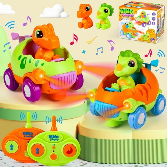 UUSUOO Dinosaur Remote Control Cars for Toddlers, 2 Pack Race RC Cars Toys for Kids, w/ Lights & Music, Dinosaur Toys Birthday Gift for Boys and Girls 2-8 Year Old