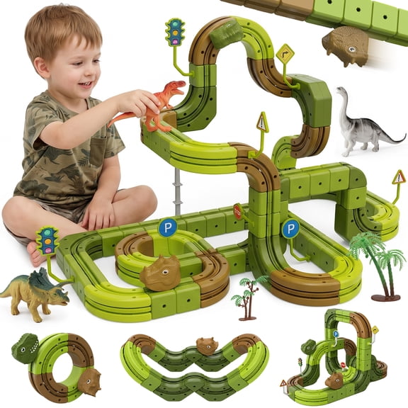 UUSUOO 143PCS Electric Train Set for Kids, 3D Dinosaur Train Track with 2 Rechargeable Mini Cars, Kids STEM Building Toys, Christmas Birthday Gift for Boys Girls Ages 3+