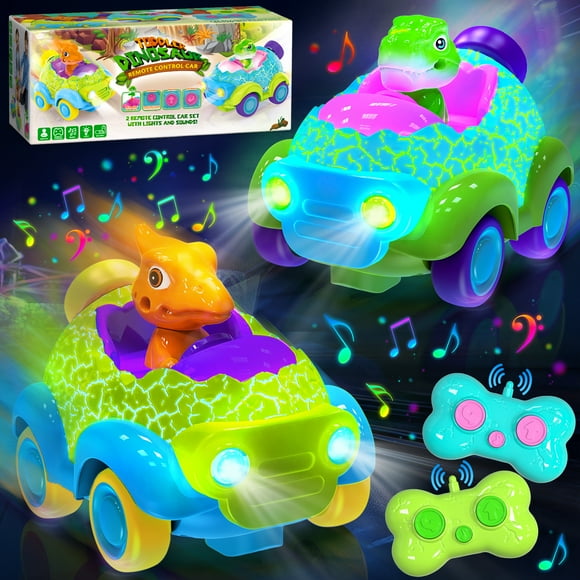 UUSUOO Dinosaur Remote Control Car for Toddlers,2 Pack Rechargeable Racing Cars Toys with LED Lights & Music,RC Toys for 3 4 5 6 Year Old Kids,Birthday Gift for Boys & Girls