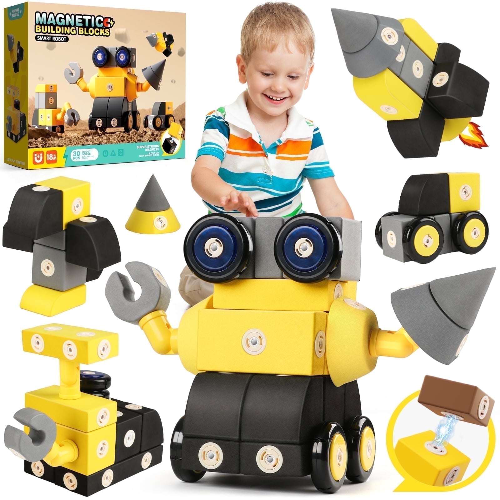 UUSUOO 30 PCS Magnetic Blocks,Magnetic Building Blocks for Kids Ages 4-8,Foam Magnetic Blocks,Preschool STEM Educational Sensory Magnet Toys Gifts for 1-3 3-6 Years Old Kids