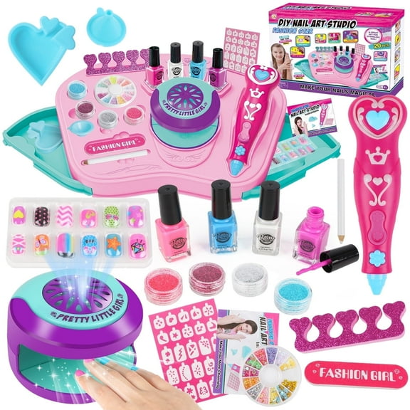 UUSUOO Kids Nail Polish Set for Girls,30Pcs Nail Art Kit with Storage Desk,Nail Dryer,Glitter Pen,Non Toxic Nail Polish,Nail Kit for Girls Ages 7-12,Christmas Birthday Gift for Girls 6-12