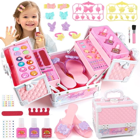 UUSUOO 35 PCS Kids Makeup Kit for Girls,Washable Real Makeup Set with Cosmetic Case,Girls Makeup Kit for Kids,Little Girl Princess Toys Gift for Christmas Birthday Ages 3-6 7-12