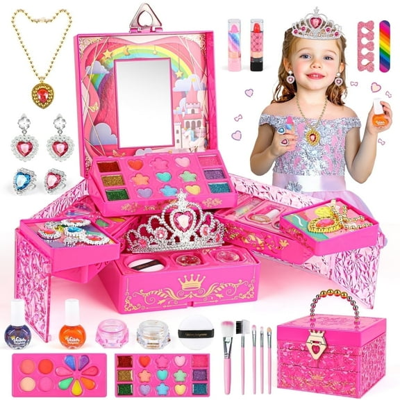 UUSUOO Kids Makeup Kit for Girls,46PCS Princess Toys Real Washable Cosmetic Set with Mirror,Non-Toxic Girls Makeup Kit,Girl Toys Christmas Birthday Gifts Toys for 3 4 5 6 7 8 9 10 Year Old Girls,Pink