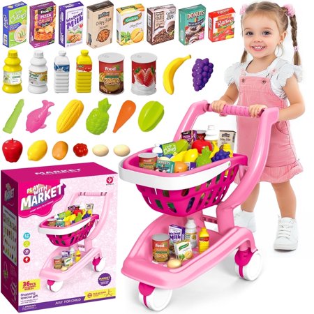 UUSUOO Kids Shopping Cart,36Pcs Toddler Shopping Cart with Play Food Fruit Vegetable and Shop Accessories,Pretend Play Grocery Store Toys for Boys Girls 3-6 ,Pink