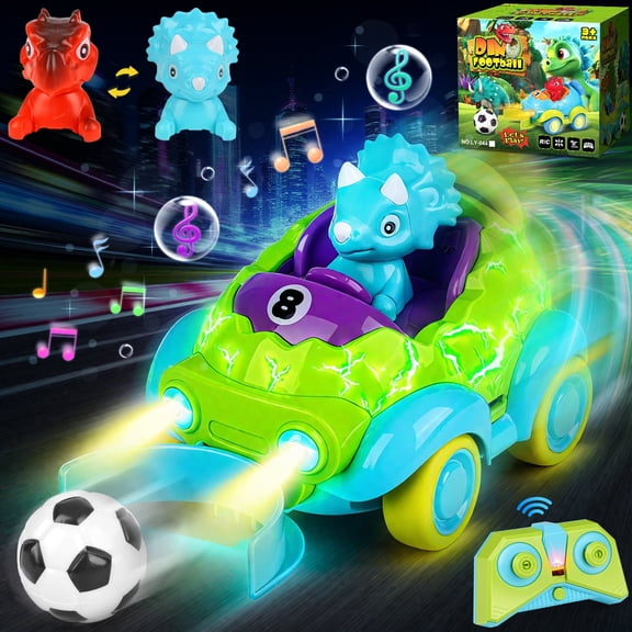 UUSUOO Dinosaur Remote Control Car for Toddlers,Rechargeable RC Cars for Toddler Toys with LED Lights & Music & Soccer Ball,Dinosaur Toys Christmas Birthday Gift for Boys Girls Age 3 4 5 , Green