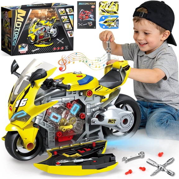 UUSUOO Take Apart Motorcycle Toy,Motorcycle Toys for Kids 3-5,Interactive Toy Engine Building Kit with Light, Sound & Spray,STEM Educational Gift Toys for 3 4 5 6 7 Year Old Boys Girls,Yellow