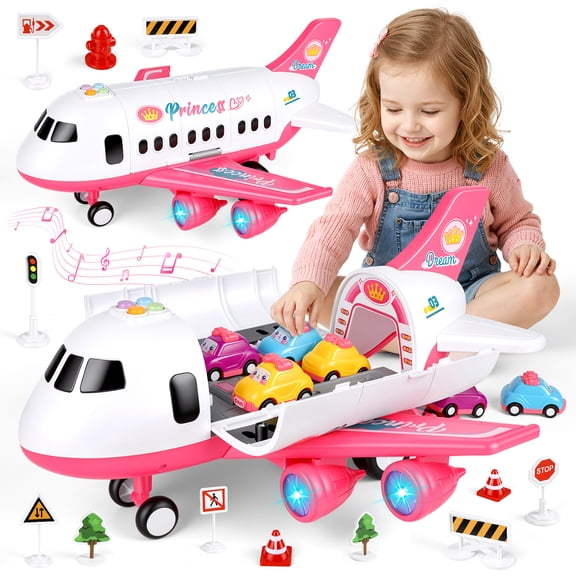 UUSUOO Airplane Toys for Toddlers 3-5, Toddlers Airplane Playset with 6 Cars Toys, Light & Sound,Plane Toys for Kids,Birthday Gift for 3 4 5 6+ Years Old Kids Boys Girls,Pink