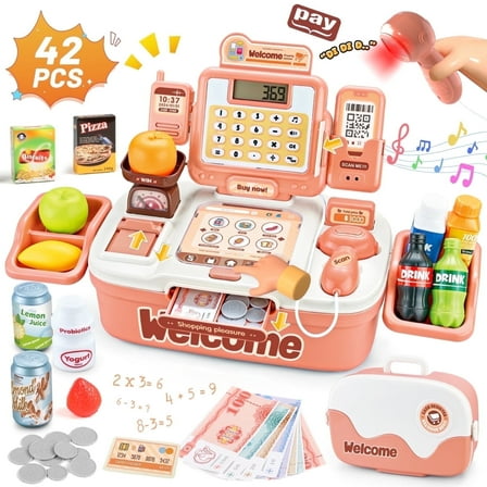 UUSUOO 42Pcs Cash Register for Kids,Toddlers Toys Cash Register with Sound Scanner,Light,Play Food & Money,Pretend Play Toys for Boys Girls,Christmas Birthday Gift for Toddlers 3 4 5 6 +,Pink