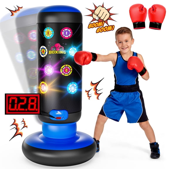 UUSUOO Punching Bag for Kids with Light & Sound,Kids Inflatable Boxing Bag Set with Gloves, Scoring System, 4 Play Modes,Christmas Birthday Gift Toy for Boys Girls Age 6-12,Blue