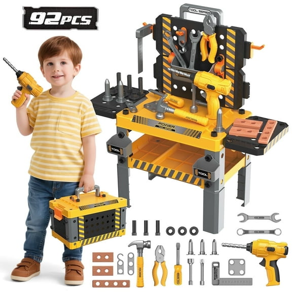 UUSUOO 2-In-1 Kids Tool Bench,92Pcs Kids Tool Set for Boys with Realistic Tools and Electric Drill,Pretend Play Workbench Construction Toys,Christmas Birthday Gift Toys for Boys Girls 4 5 6+