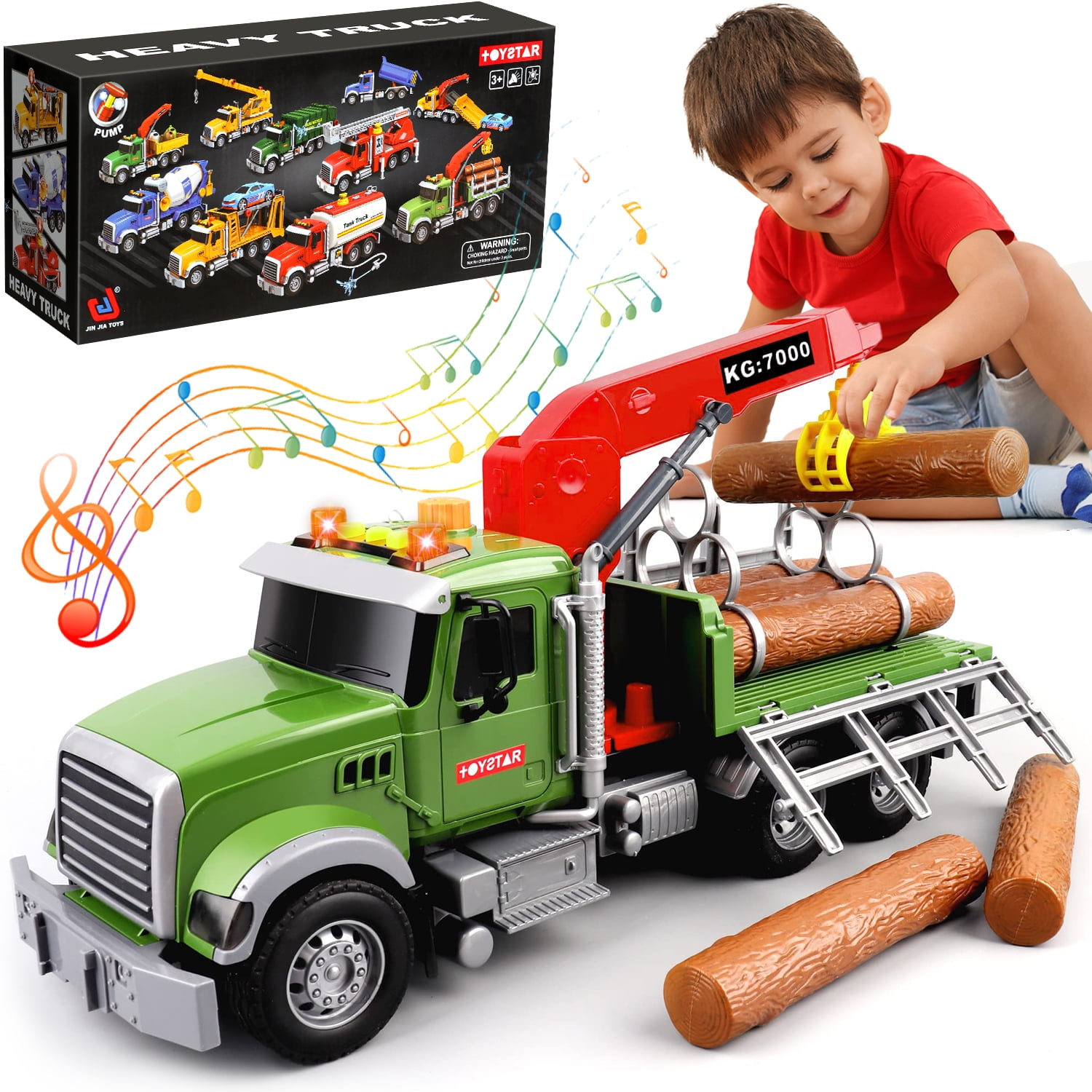 UUSUOO Toddler Trucks for Boys 3-6 Years,15" Large Boys Timber Truck with Loading Crane and 6 Trunks, Kids Truck Toys with Lights & Sounds,Christmas Birthday Gifts for 3 4 5 6 7 Boys Girls,Green