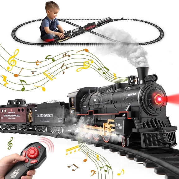 UUSUOO Train Set for Boys,Remote Control Christmas Train Sets w/Steam Locomotive,Light Passenger Cars & Tracks,Trains Toys w/Smoke,Whistle & Lights,Christmas Toys Gifts for Kids 3 +