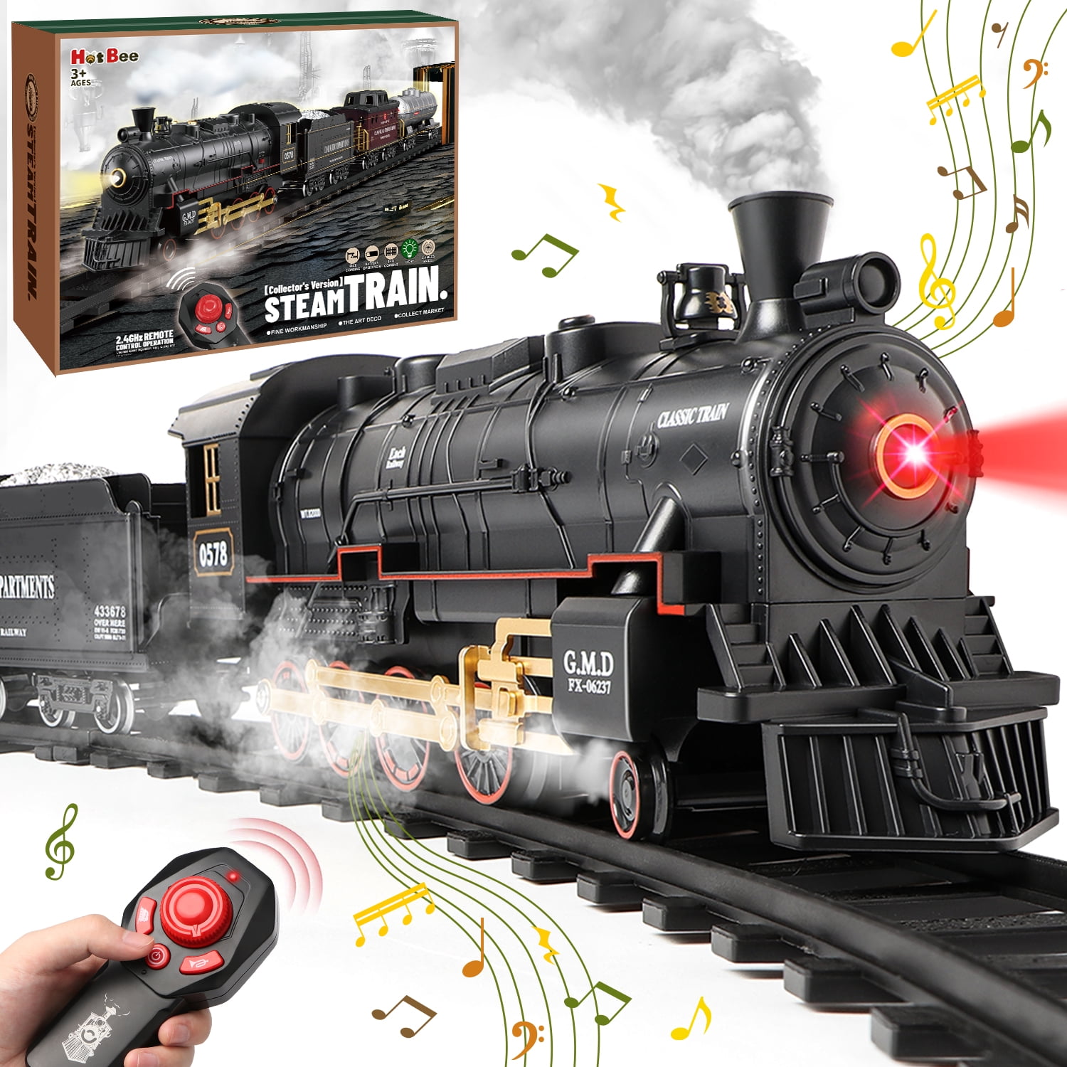 UUSUOO Train Set for Boys,Remote Control Christmas Train Sets w/Steam Locomotive,Light Passenger Cars & Tracks,Trains Toys w/Smoke,Whistle & Lights,Christmas Toys Gifts for Kids 3 +