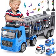 UUSUOO Toy Trucks for Boys 3-6 Years,17" Friction Powered Tow Truck Toys with 3 Mini Cars,Lights and Sounds,Police Car Toys,Birthday Gifts for 3 4 5 6 + Year Old Boys Girls,Blue