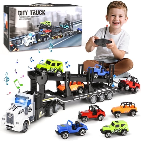 UUSUOO 14" Truck Toys for Boys 3-6 Years,Rechargeable Toddler Trucks Semi Truck Trailer Toys with 4 Cars,Lights & Sounds,Remote Control Truck Carrier Truck,Birthday Gift for Age 3 4 5 6+ Years Old