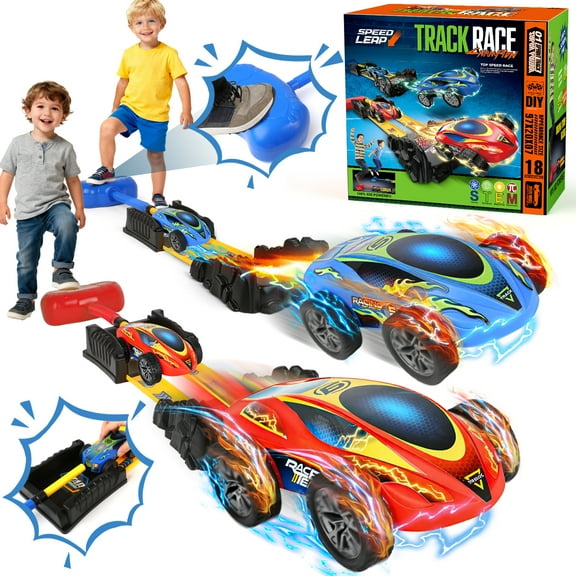 UUSUOO Stomp Race Car Launcher Toy for Kids,2 Cars & Dual Tracks,Indoor Outdoor Car Launcher Set with Racing Cars,Birthday Toy Gifts for Kids 3 4 5 6 7 Years Old