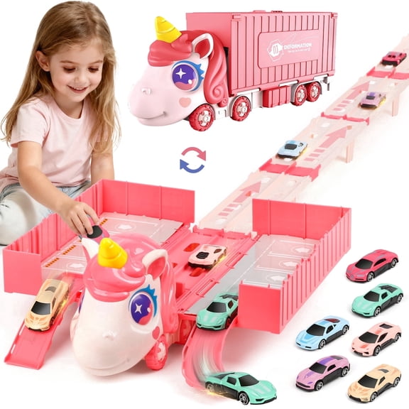 UUSUOO Toy Trucks for Boys Girls 3-6 Years,Pink Unicorn Foldable Transport Carrier Truck W/6 Race Cars,Christmas Birthday Gifts for 3 4 5 6   Years Old Boys Girls