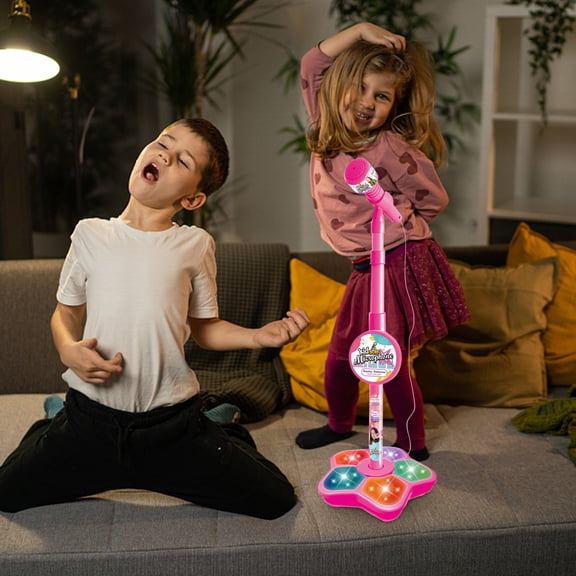 UUWEAR Toy Microphone with Stand, Colorful Adjustable Singing Machine, Connectable Portable Karaoke, Role Play & Educational Music Fun Pink