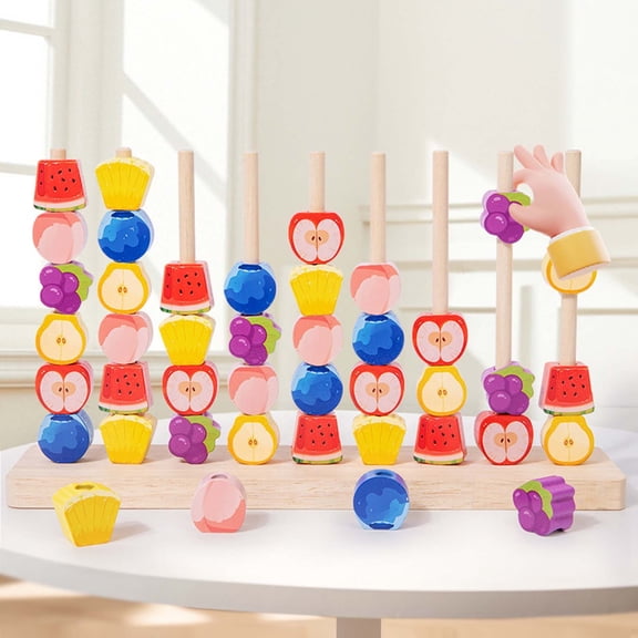 UUWEAR Wooden Fruit Sorting Stacking Toys for Toddlers - Montessori Logic Puzzle Game, Color Matching & Fine Motor Skills Educational Learning Gift for 3 4 5 Year Old Kids, Brain Teaser