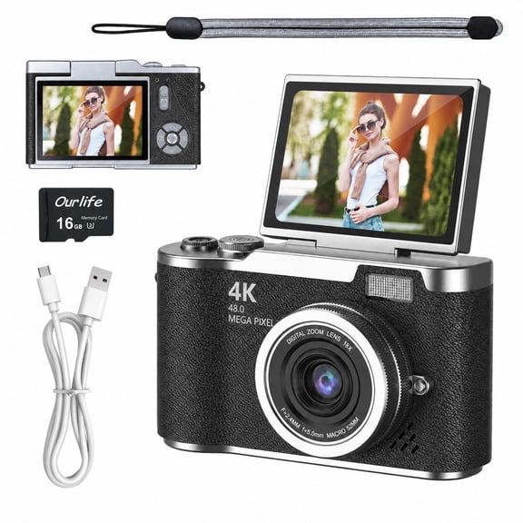 UUvideo 4K Kids Camera, 2.4" Flip Screen and Vintage Compact Travel Digital Camera for Teens & Beginners, Black