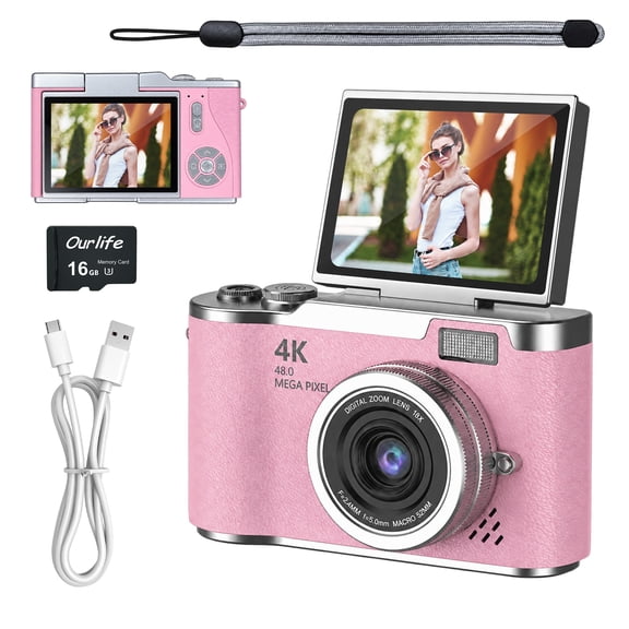 UUvideo 4K Kids Camera, 2.4" Flip Screen and Vintage Compact Travel Digital Camera for Teens & Beginners, Pink