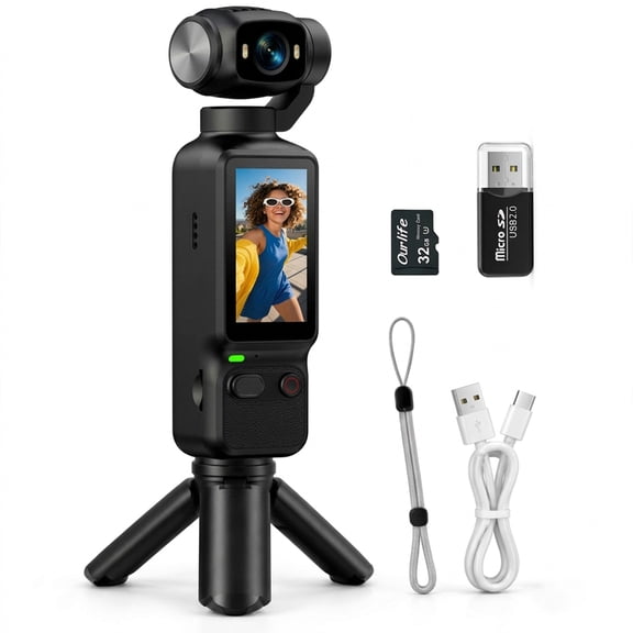 UUvideo Handheld Gimbal Camera, 4K Anti-Shake Pocket Vlog Cam with Smart AI Tracking, 32GB SD Card & Tripod - Black