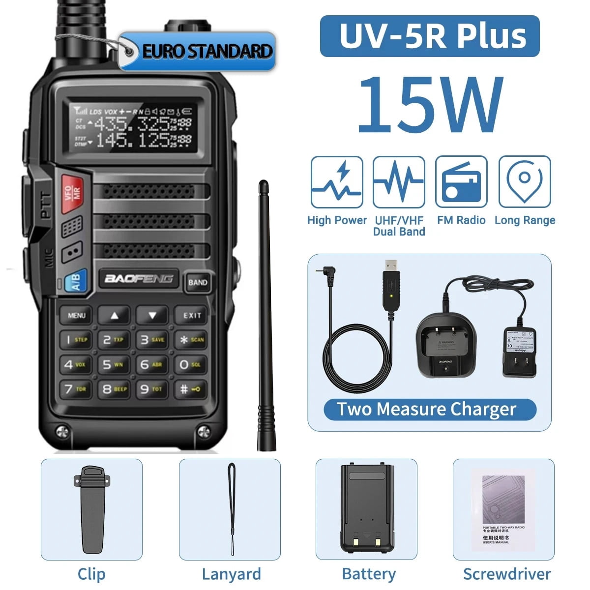 UV5R Plus 15W Walkie talkie USB Charger 16 KM Long Range Transceiver