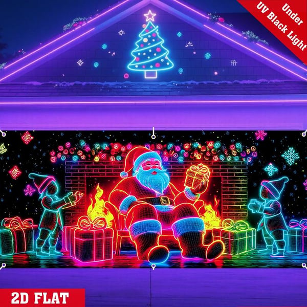 UV Activated Christmas Garage Door Cover Banner 157x71 Inch Glow in the Dark Santa & Elf Design, Waterproof Outdoor Holiday Decoration, Large Christmas Garage Cover for Home & Party