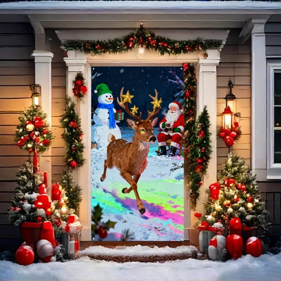 UV Activated Glow in The Dark Christmas Garage Door Cover, 2D Flat Banner with Santa and Elf Design, Outdoor Holiday Decor for House Parties, Waterproof Festive Decoration for Front Yard and Driveway