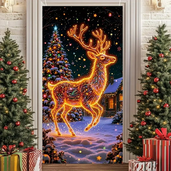 UV Activated Night Glow Fluorescent Christmas Door Cover, Glows in Dark 2D Flat Holiday Garage Door Covers with Cartoon Santa and Elf for Christmas Party