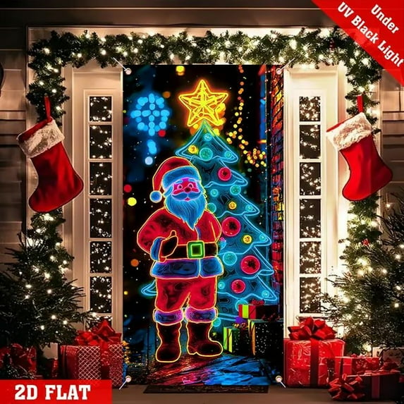 UV Activated Night Glow Fluorescent Christmas Door Cover Party Banner for Outdoor Indoor Holiday Decoration, Garage Fluorescent 2D Flat Santa Claus Doorcover Backdrop for Xmas Eve New Year Winter
