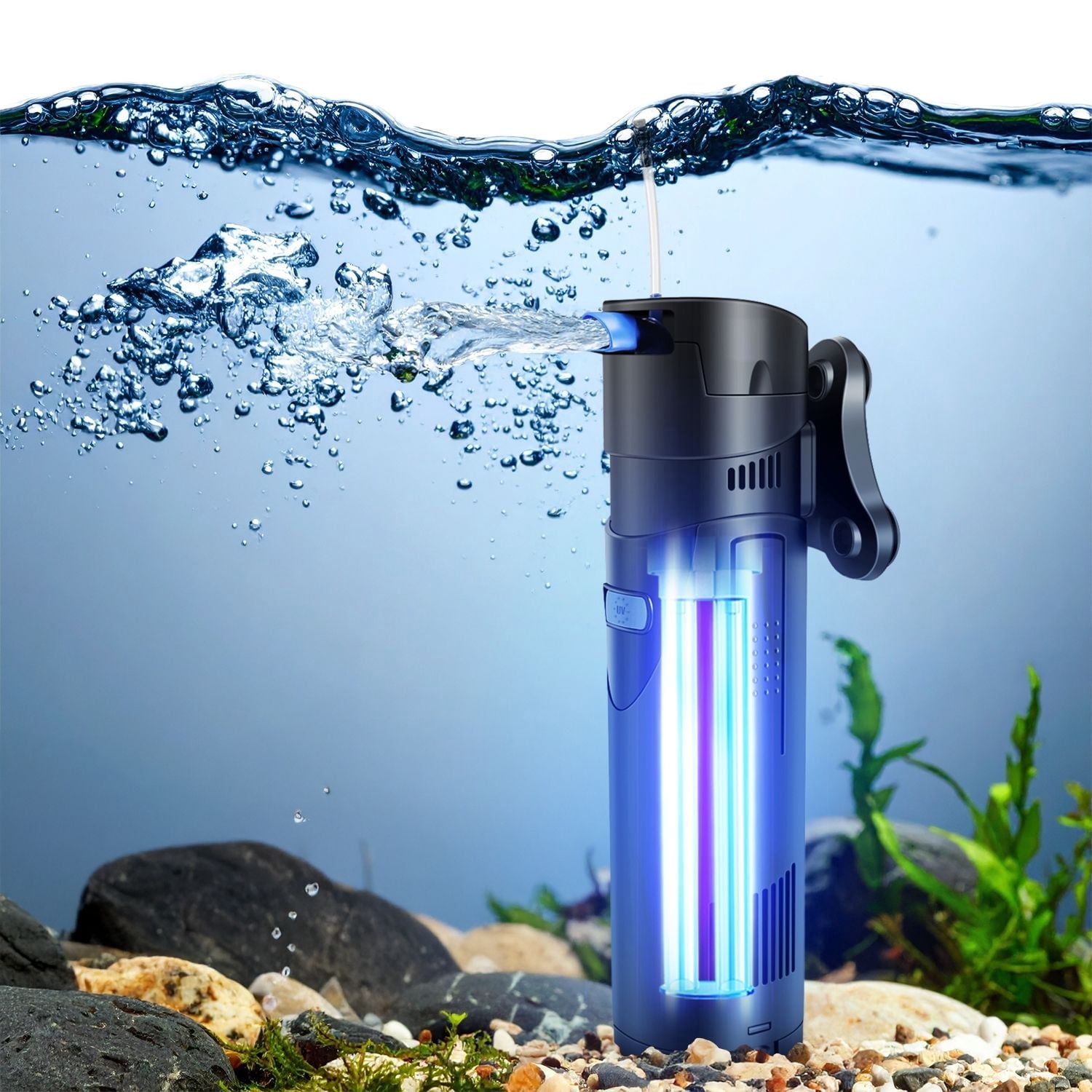 UV for Aquarium - 4-in-1 Aquarium Water Filter Pump & UV Light for Fish Tank, Fully Submersible with Quartz Bio-Balls, Suitable for Fresh & Saltwater UV Needs - Black