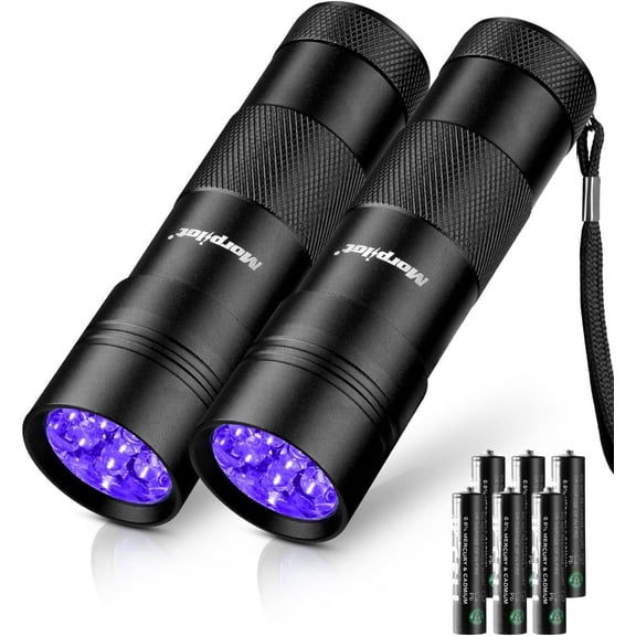 UV Blacklight Flashlights, 12 LED 395nm Ultraviolet UV Flashlight, 2 PCS Blacklight Mini for Pet Urine Detection, UV Light for Stains, Bed Bugs, Resin Curing, Scorpions (Batteries Included)