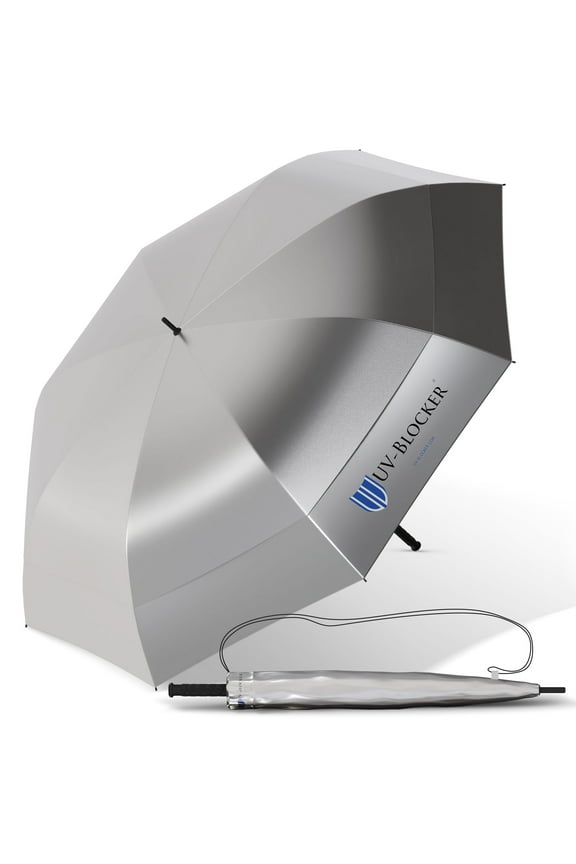 UV Blocker Golf Sun Umbrella Wind and Sun Protection Rain Umbrellas with Double Vent Canopy Silver 62 Inch