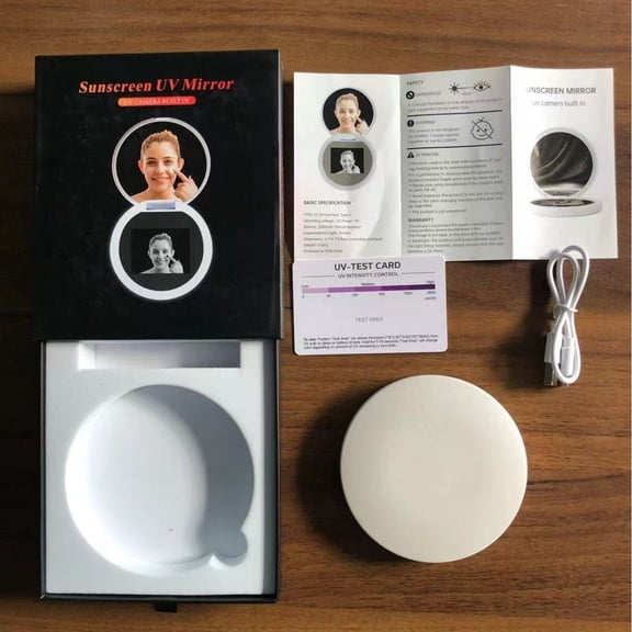 UV Camera Sunscreen Test Mirror, Portable Round LED Makeup Mirror to Check Sunscreen Coverage on Face