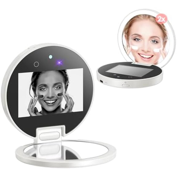 UV Camera for Sunscreen Test UV Mirror Sunscreen Camera, 3.8 Inch Rechargeable 2X Magnifying Vanity Mirror with Light Handheld Double-Sided Pocket Mirror for Skin Protection(White)
