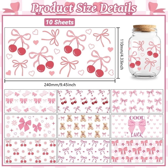 UV DTF Cup Transfer Wraps Stickers Bows 10 Sheets Waterproof Custom Vinyl 16oz Coffee Glass Cup Tumbler Bottle Mug Decals for Men Women