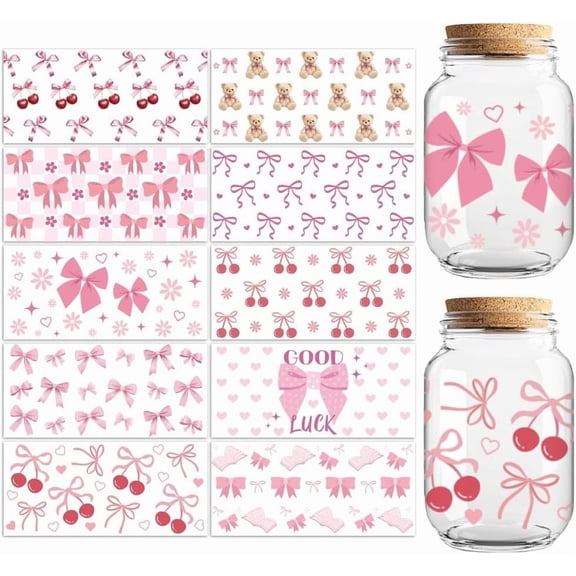 UV DTF Cup Transfer Wraps Stickers Bows 10 Sheets Waterproof Vinyl 16oz Coffee Glass Cup Tumbler Bottle Mug Decals