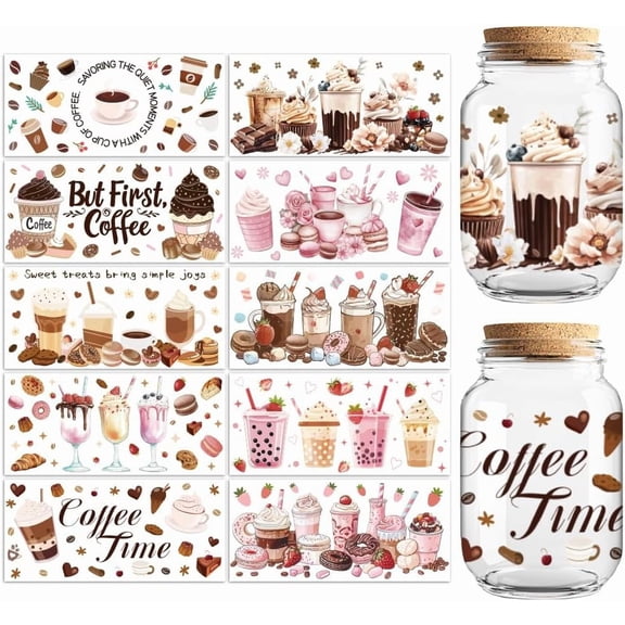 UV DTF Cup Transfer Wraps Stickers Drinks 10 Sheets Waterproof Vinyl 16oz Coffee Glass Cup Tumbler Bottle Mug Decals for Men Women Colorful DIY