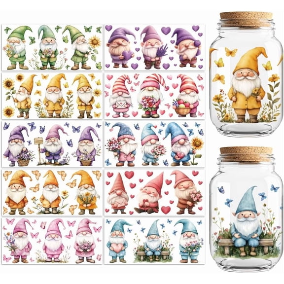 UV DTF Cup Transfer Wraps Stickers Flowers and Gnomes 10 Sheets Waterproof Vinyl 16oz Coffee Glass Cup Tumbler Bottle Mug Decals DIY