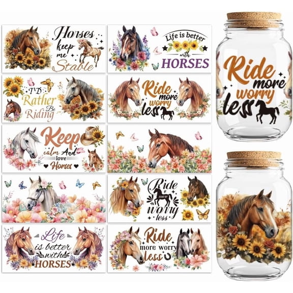 UV DTF Cup Transfer Wraps Stickers Horse and Flowers 10 Sheets Waterproof Custom Vinyl 16oz Coffee Glass Cup Tumbler Bottle Mug Decals for Men Women
