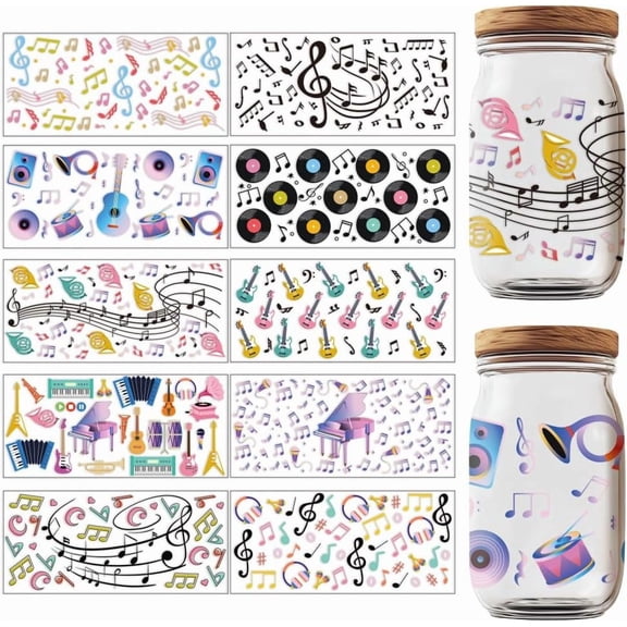 UV DTF Cup Wrap 10 Sheets Music Uvdtf Decals Musical Note Cup Transfer Decoration Guitars Piano Personalized Waterproof UV DTF Wraps for DIY Making