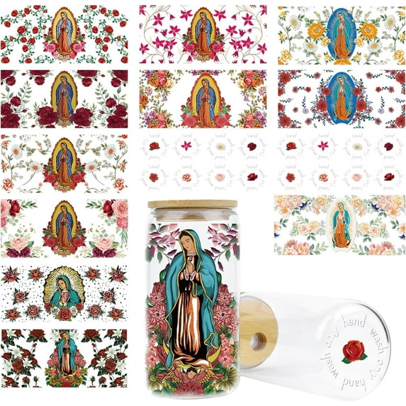 UV DTF Cup Wrap - 14 Sheets Guadalupe UV DTF Cup Wraps for 16 oz Glass Religious Catholic Uvdtf Decals Flower Personalized Rub on Transfer Topper Stickers for Cup Lids