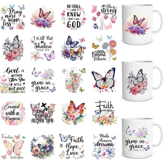 UV DTF Cup Wrap - 20 Sheets Bible UV DTF Cup Wraps for 16 OZ Butterfly Flower Cross UVDTF Cup Wraps Motivational Christian UV DTF Transfer Stickers for Glass Cup Mug Wood DIY Crafts