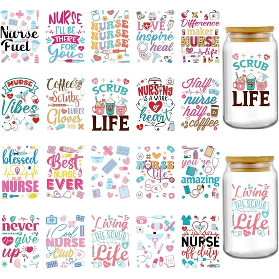 UV DTF Cup Wrap - 20 Sheets Nurse UV DTF Cup Wrap for 16 oz Glass Water Bottle, Stethoscope Inspirational Quotes Uvdtf Transfer Stickers for RN, CNA, LPN Appreciation Gift